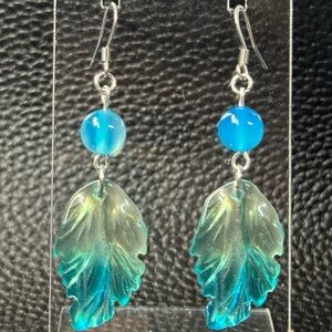 Handmade blue Czech glass leaf earrings